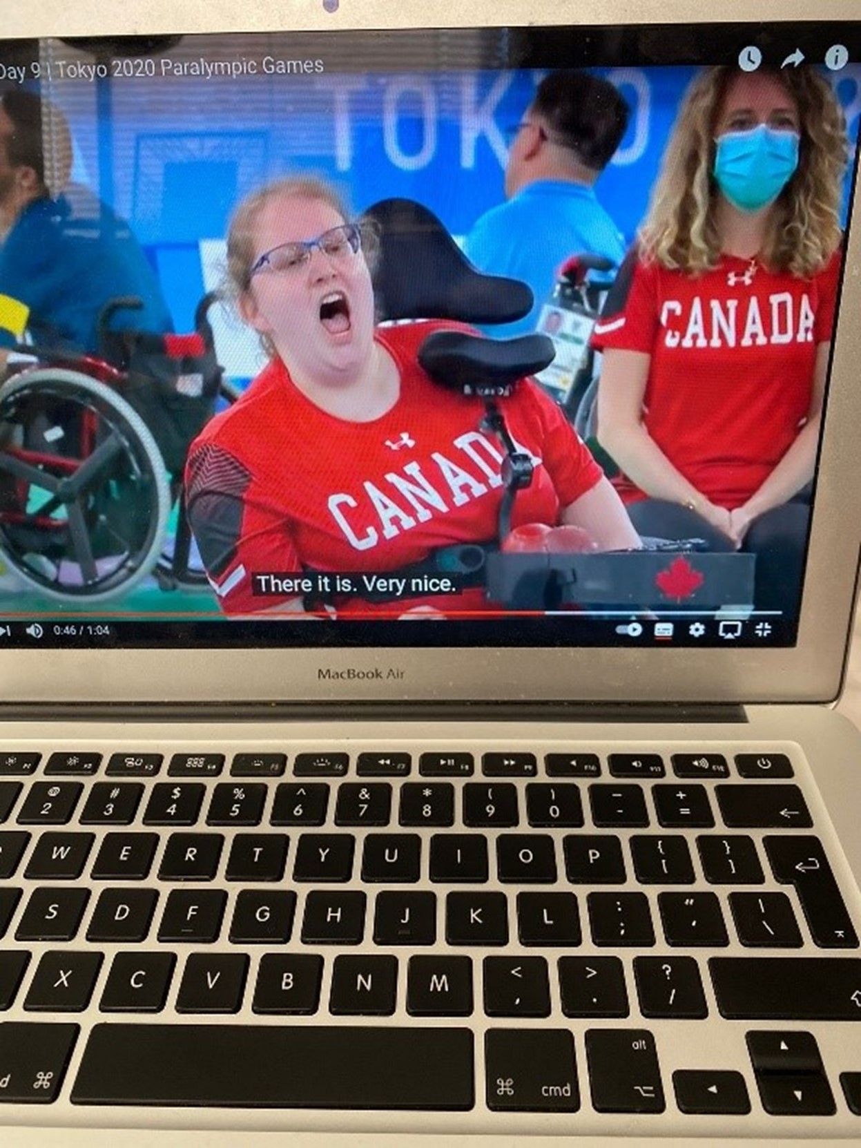 A laptop live streaming Alison Levine in boccia competition at the Tokyo 2020 Paralympic Games