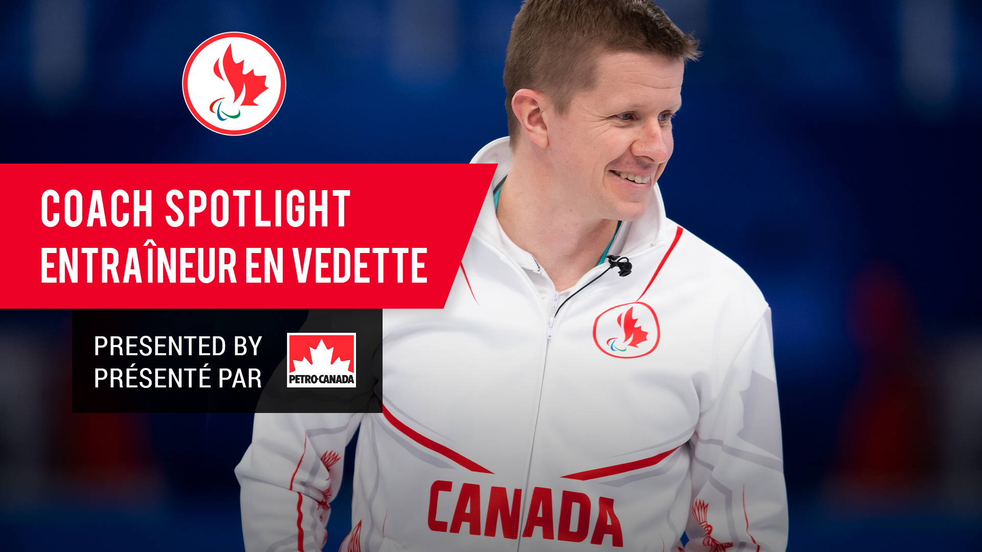 Coach Spotlight graphic with a picture of wheelchair curling head coach Mick Lizmore smiling