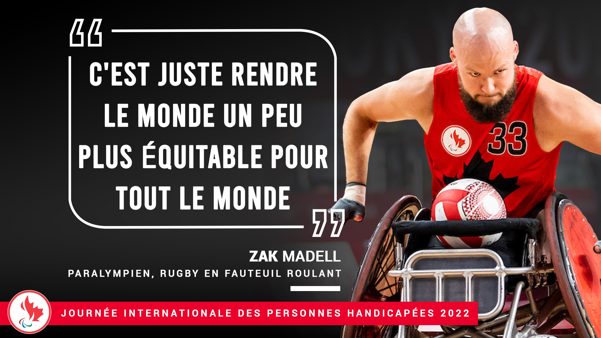 A photo de Zak Madell, rugby en fauteuil roulant, avec le quotation "C'est juste rendre le monde en peu plus équitable pour tout le monde"
