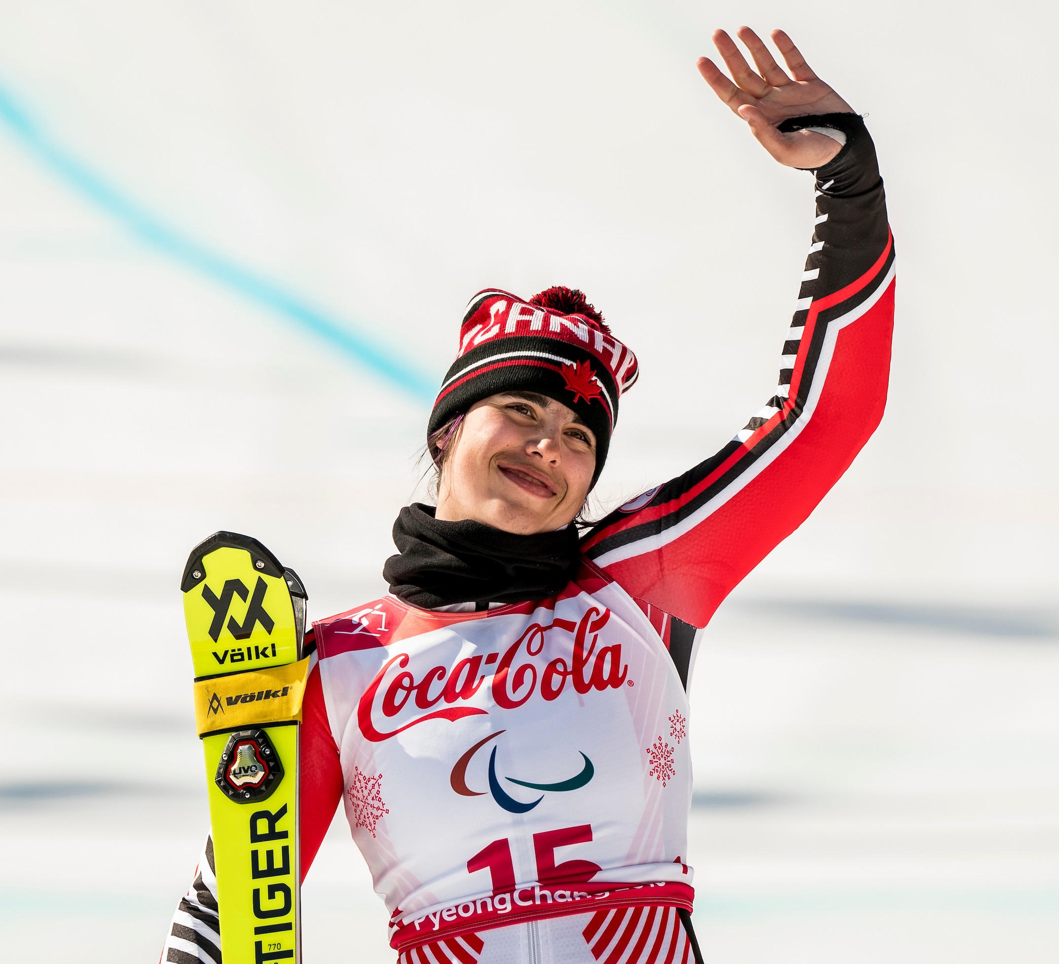 Alana Ramsay waving to crowd at PyeongChang 2018 Paralympic Winter Games after winning bronze