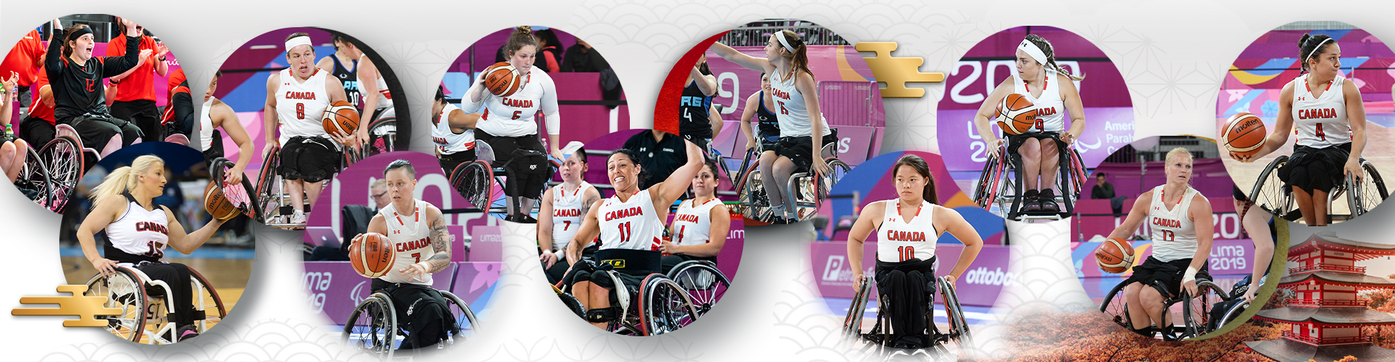 female Wheelchair basketball athletes on a Tokyo inspired background