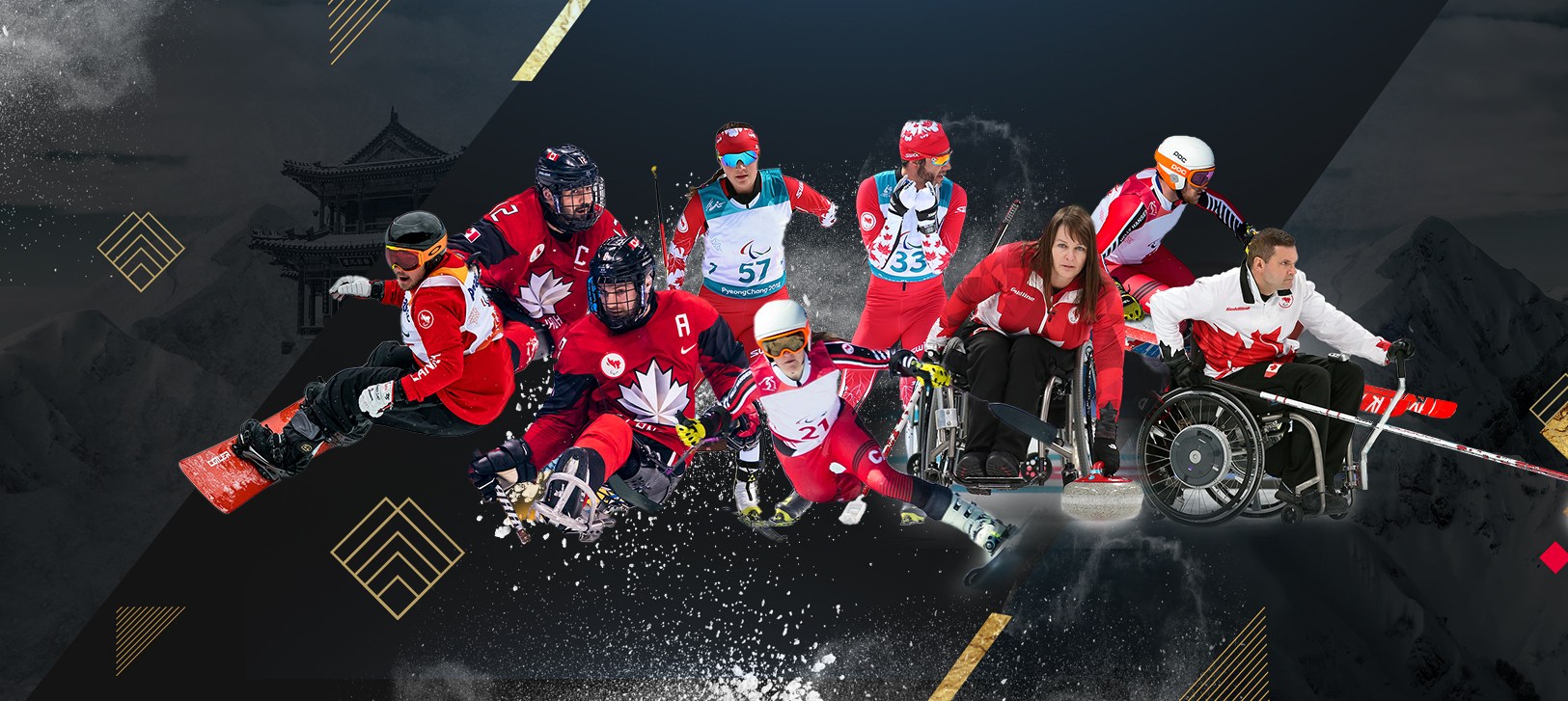 Image of many winter sport athletes on black background 