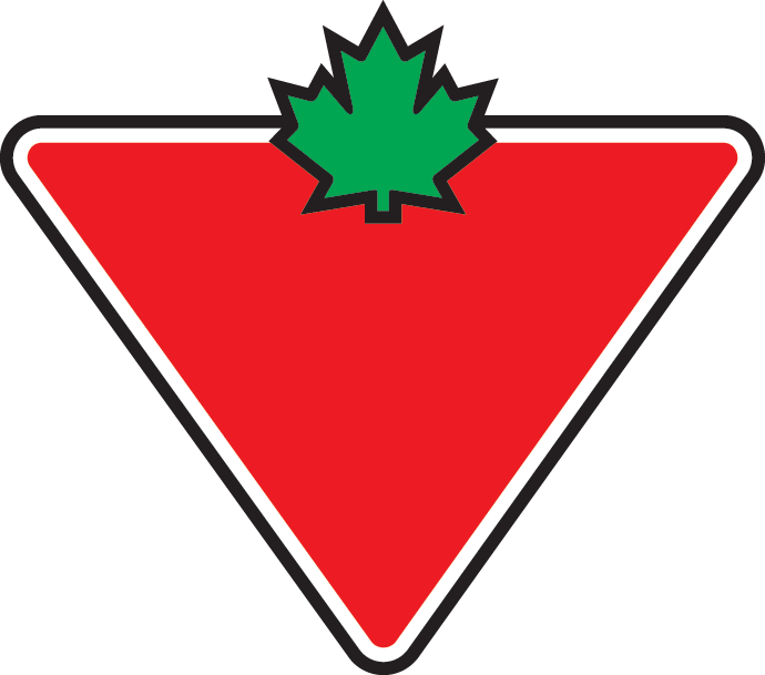 Canadian Tire logo - red upside down triangle with green maple leaf at the top