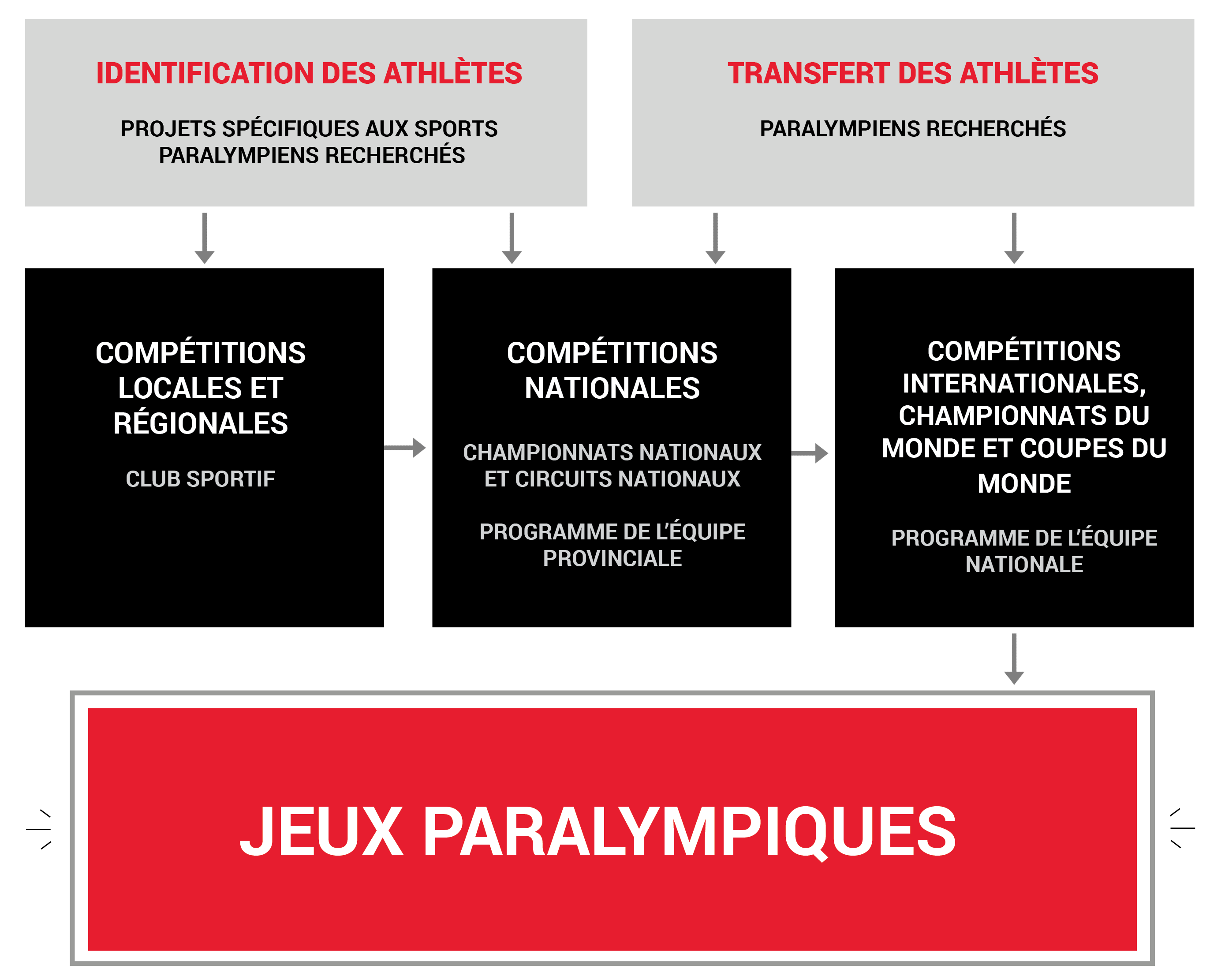 Identification des athlètes, transfer des athlètes --> compétitions locales, nationals, internationales --> jeux Paralympiques