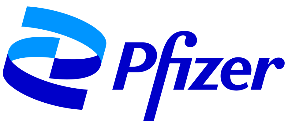Pfizer oval logo that has a blue background and white font