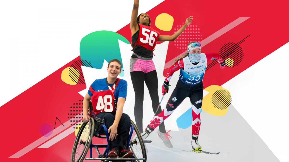 The cover of the Paralympic Foundation of Canada's 2020 year in review featuring a young boy and girl participating in Para sport as well as Para nordic skier Natalie Wilkie