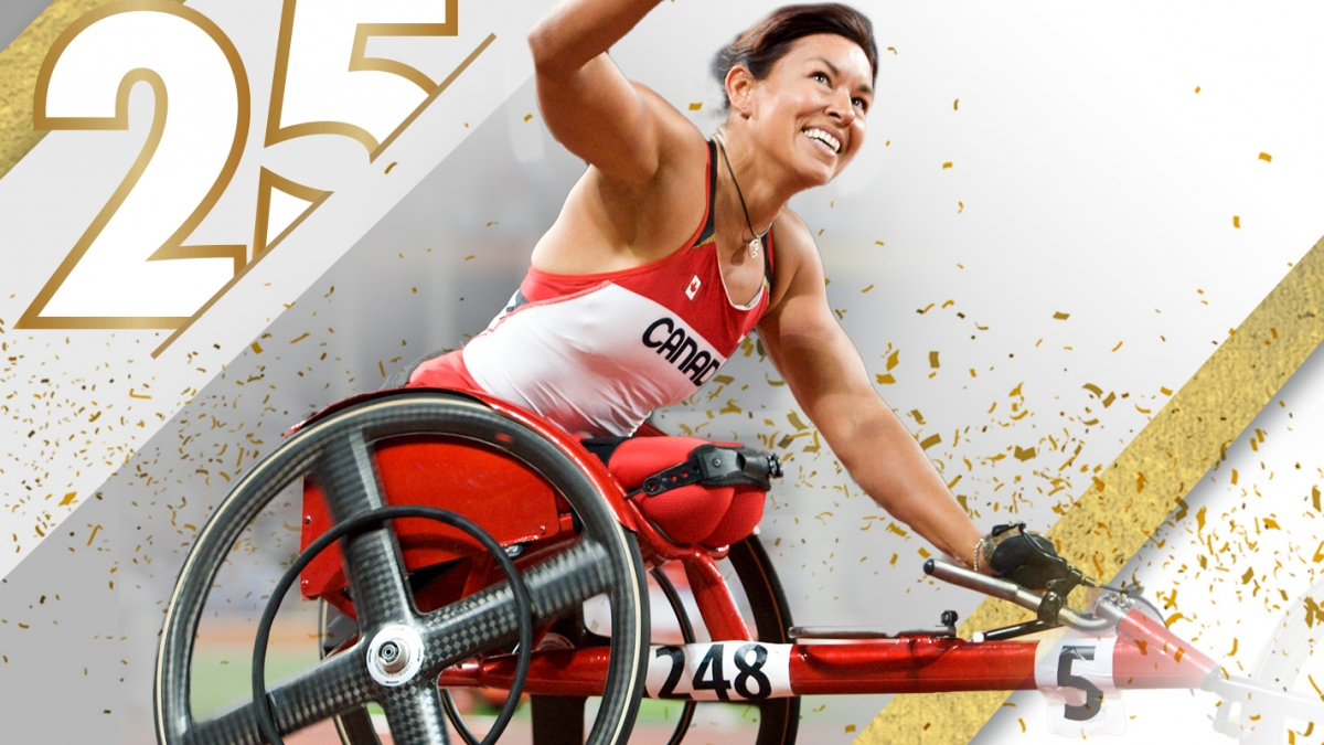 A fist pumping Chantal Petitclerc after winning gold at the Beijing 2008 Paralympic Games 