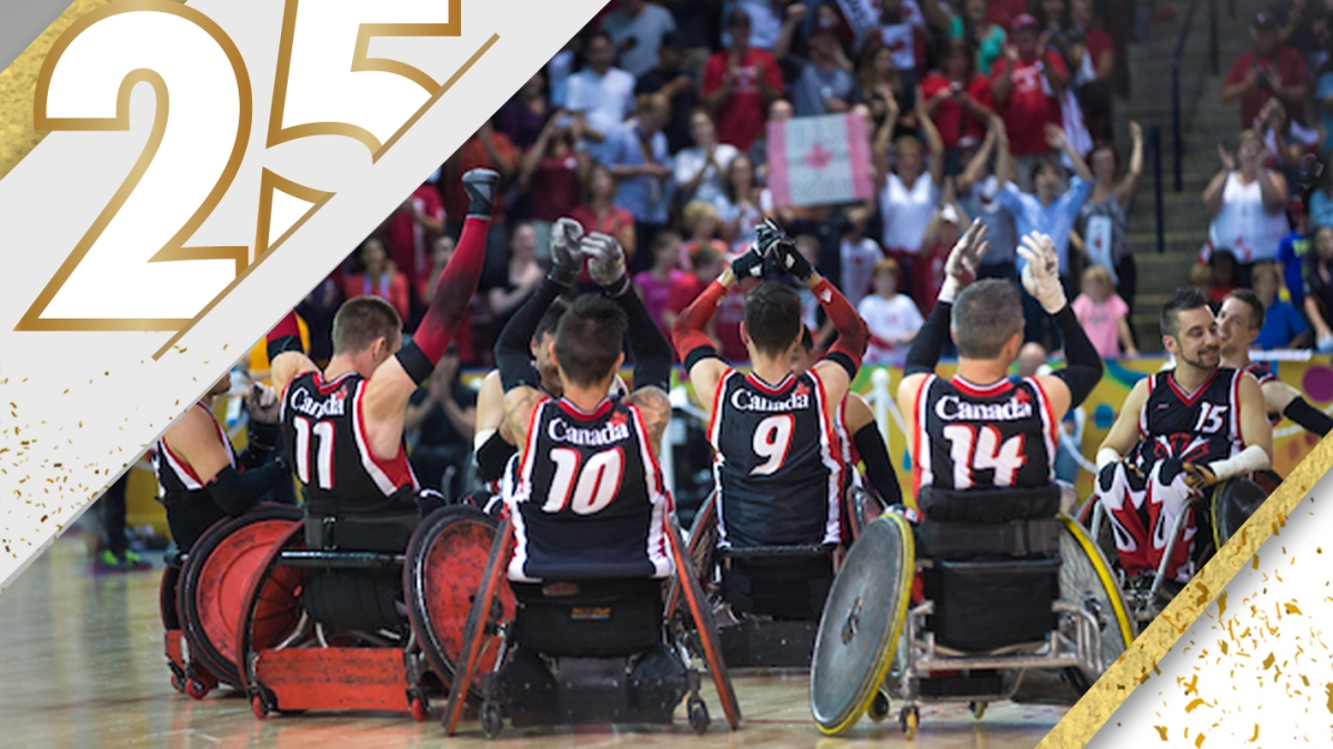 The Toronto 2015 Parapan Am Games wheelchair rugby team saluting the crowd