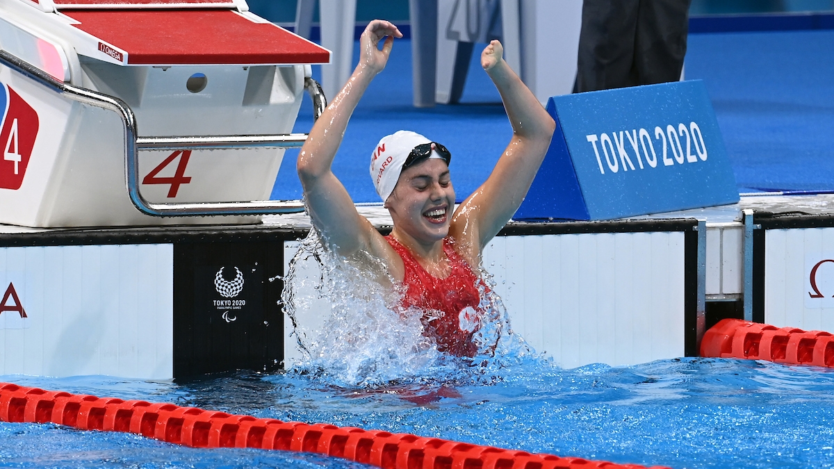 Aurélie Rivard celebrates after breaking another world record to win gold in the 100m freestyle S10 – Canada’s first gold of Tokyo 2020.