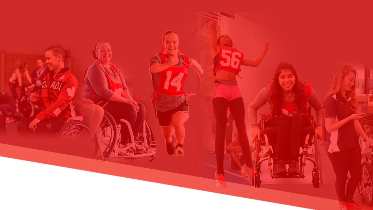A graphic comprised of female athletes from past Paralympian Search events on a red background