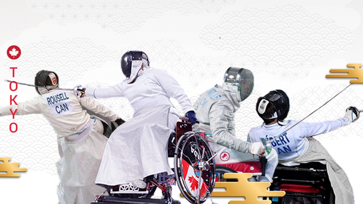 A combined photo of Canada's Tokyo wheelchair fencing team: Ryan Rousell, Ruth Sylvie Morel, Pierre Mainville, and Matthieu Hebert