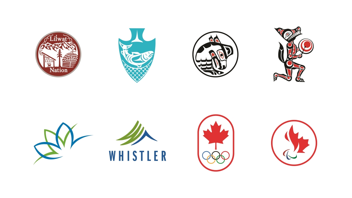 Logos of: the Lil̓wat7úl (Líl̓wat), xʷməθkʷəy̓əm (Musqueam), Sḵwx̱wú7mesh (Squamish) and səlilwətaɬ (Tsleil-Waututh) First Nations, the City of Vancouver, Resort Municipality of Whistler, Canadian Olympic Committee and Canadian Paralympic Committee