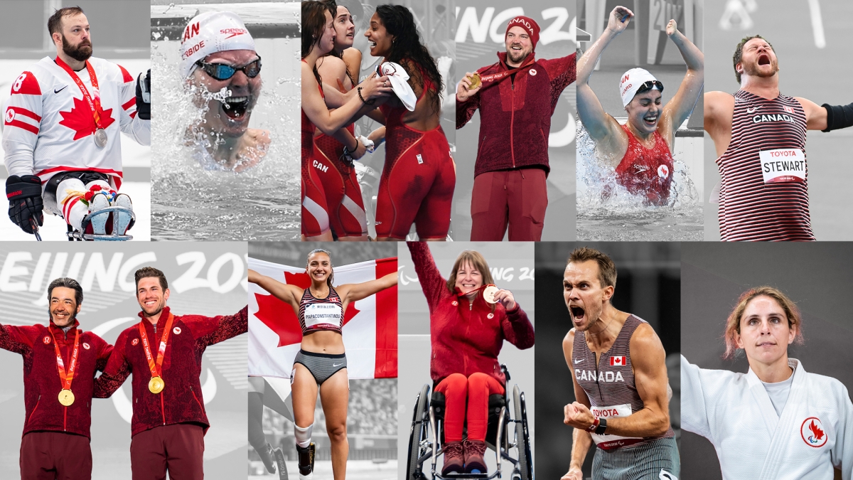 A compilation image of athletes wearing medals around their necks or celebrating a victory