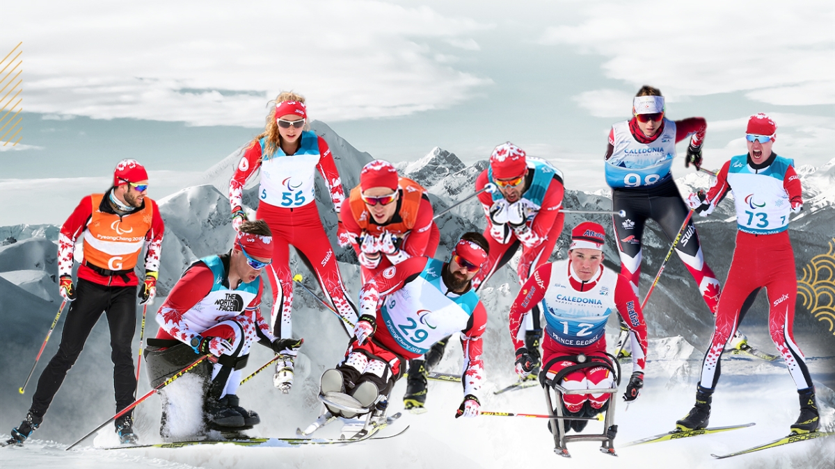 A compilation of action images of Para nordic skiers Russell Kennedy, Derek Zaplotinsky, Natalie Wilkie, Graham Nishikawa, Collin Cameron, Brian McKeeber, Ethan Hess, Emily Young, and Mark Arendz