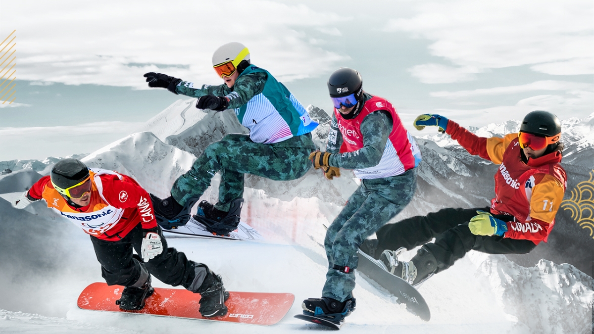 A compilation of action images of Para snowboarders Alex Massie, Lisa DeJong, Tyler Turner and Sandrine Hamel