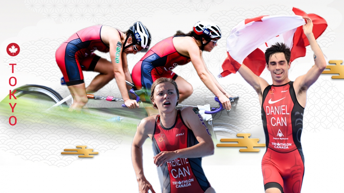 An image of the Tokyo 2020 Para triathlon team: Jessica Tuomela and guide Marianne Hogan, Kamylle Frenette, and Stefan Daniel. 