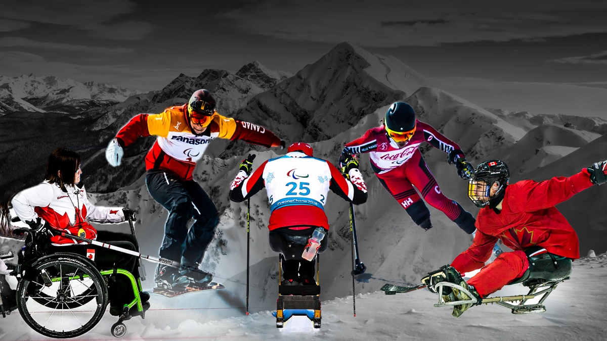 An image showing athletes from all five Paralympic winter sports (wheelchair curling, Para snowboard, Para nordic skiing, Para alpine skiing, and Para ice hockey)