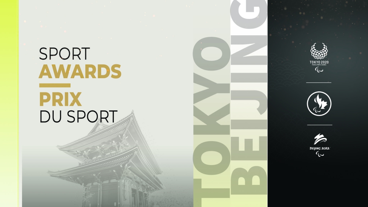 Gold and black graphic with the text Sport Awards and Prix du Sport for Tokyo and Beijing