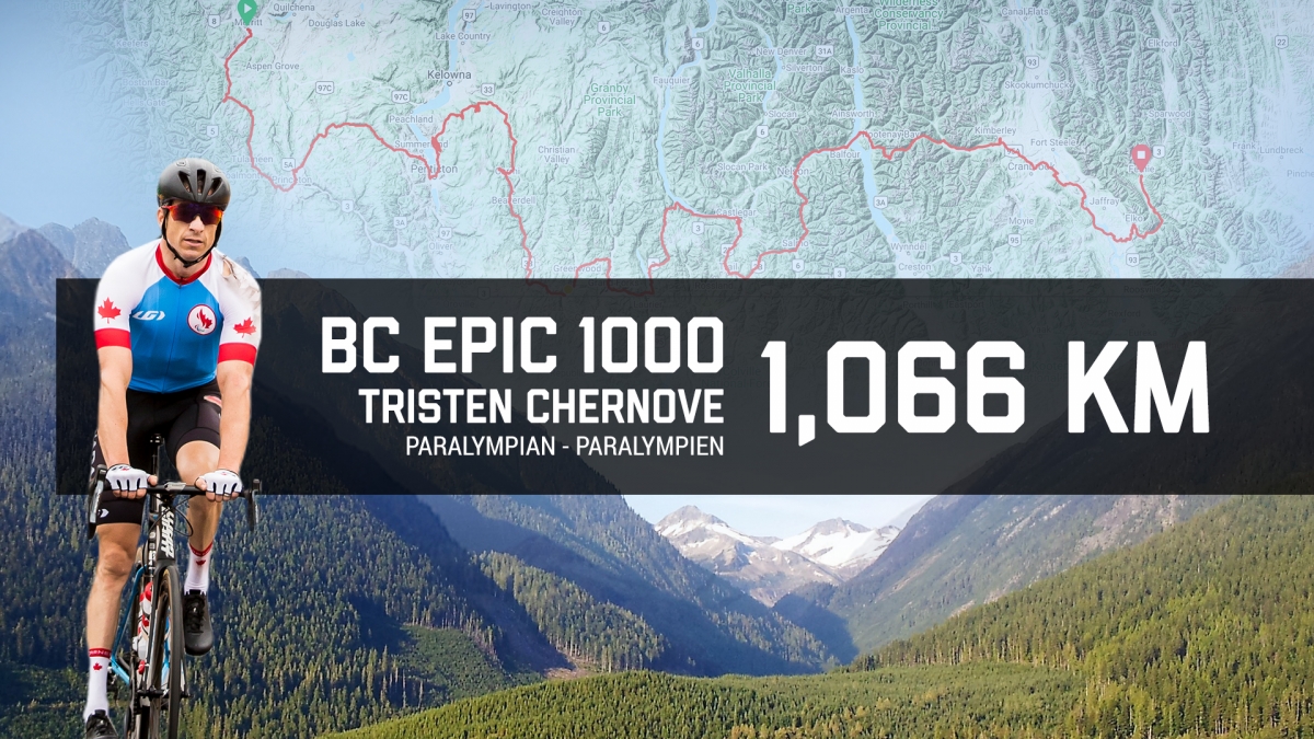 An image of Tristen Chernove on a bike overlaid on the BC Epic 1000 route