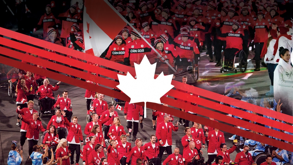 An image of Canada entering the Opening Ceremony at Rio 2016 and PyeongChang 2018 with a maple leaf overlaid on top 