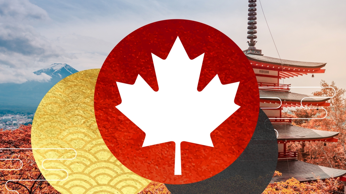 A graphic showing the maple leaf in front of Tokyo scenery 