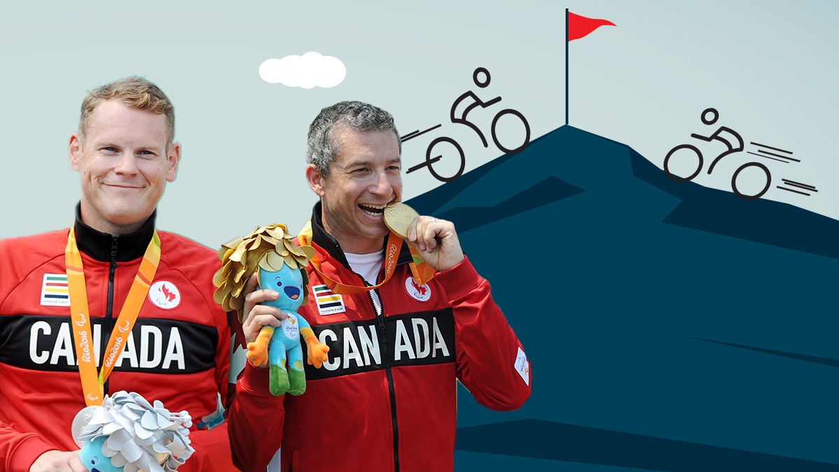 Ross Wilson and Tristen Chernove in their Team Canada gear from Rio 2016 in a graphic showing cyclists riding to the top of a mountain