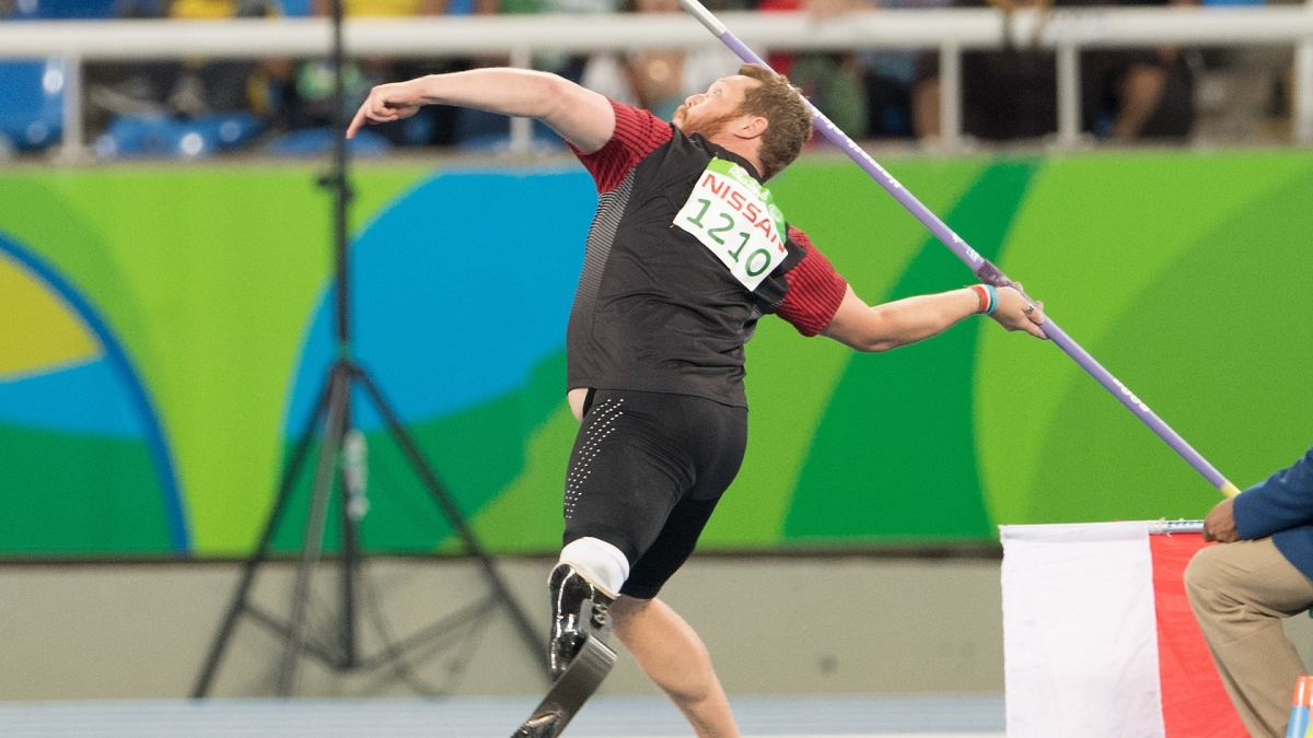 Alister McQueen throwing a javelin at the Rio 2016 Paralympic Games