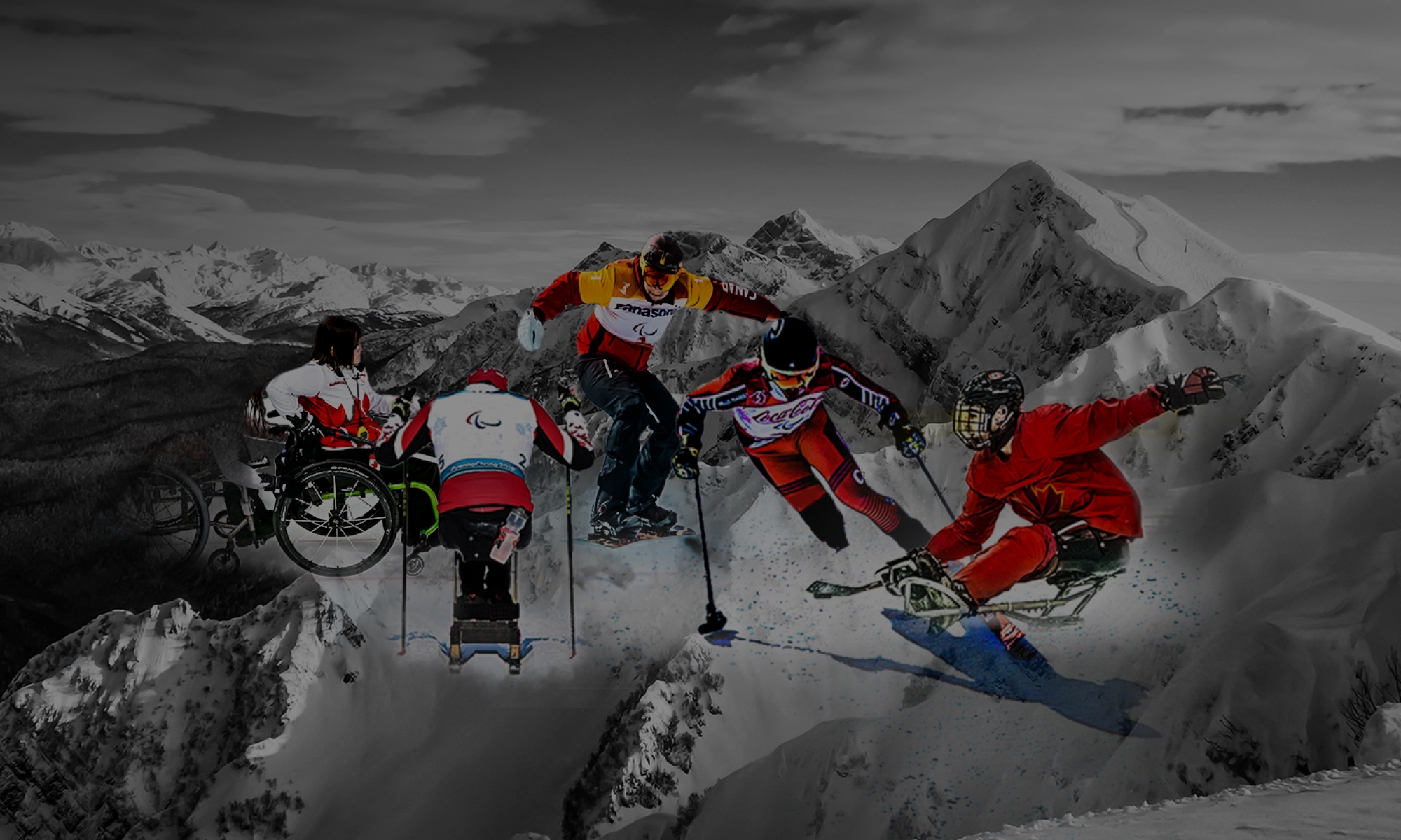 5 winter sport athletes in front of a mountain