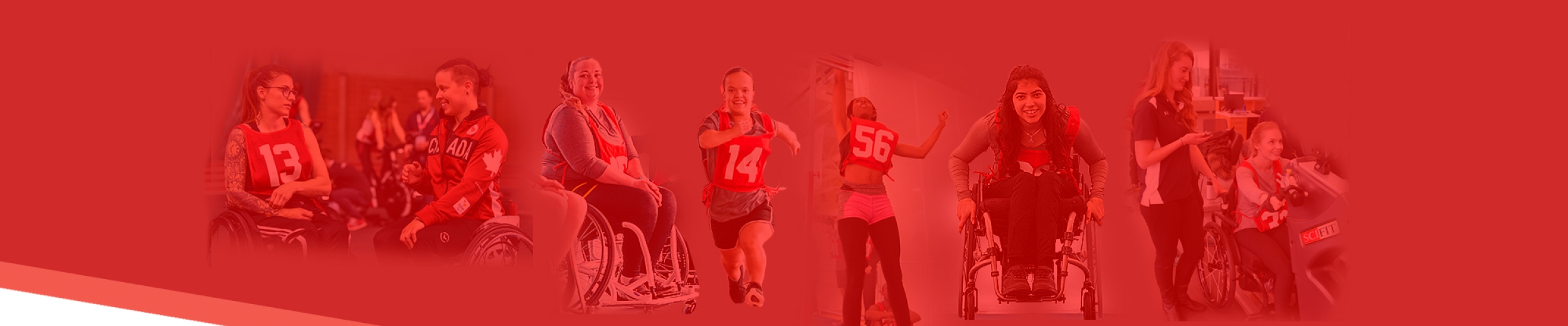 Red overlay on athlete ambassador images, representing multiple women over different sport and disabilities