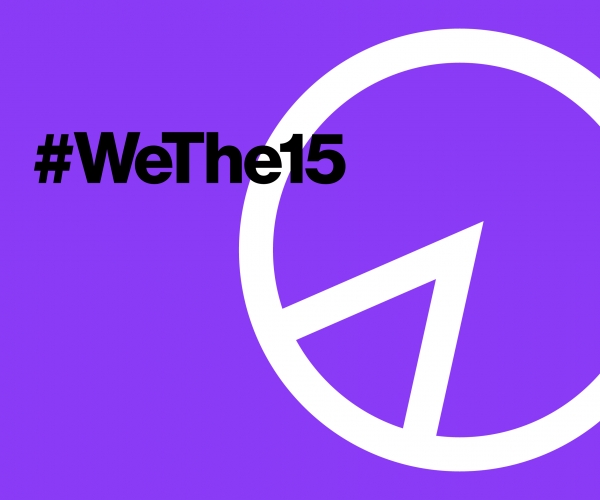 WeThe15 graphic with a purple background and image depicting 15% of a pie chart to represent 15% of the world's population that has a disability