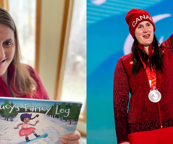 Composite image of two images of Lisa DeJong. On the left, Lisa is taking a selfie photo while holding her debut book "Lucy's Fancy Leg" and on the right is an image of Lisa celebrating winning the silver medal at the Beijing 2022 Winter Paralympics.
