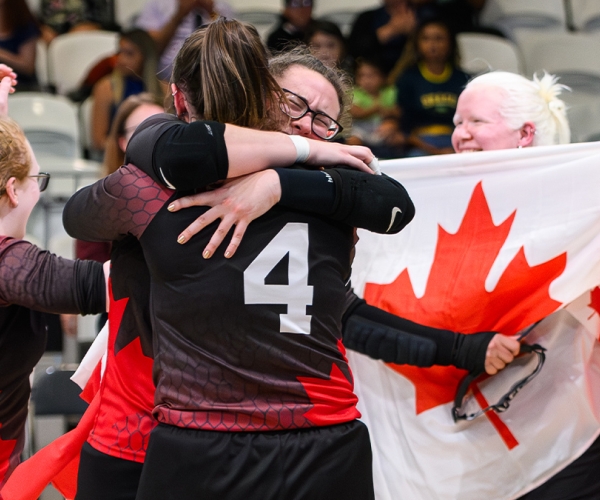 Canadian Goalball athletes celebrating winning gold medal at the Santiago 2023 ParaPan American Games.