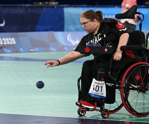 Alison Levine throws a ball in boccia competition at the Tokyo 2020 Paralympic Games. 