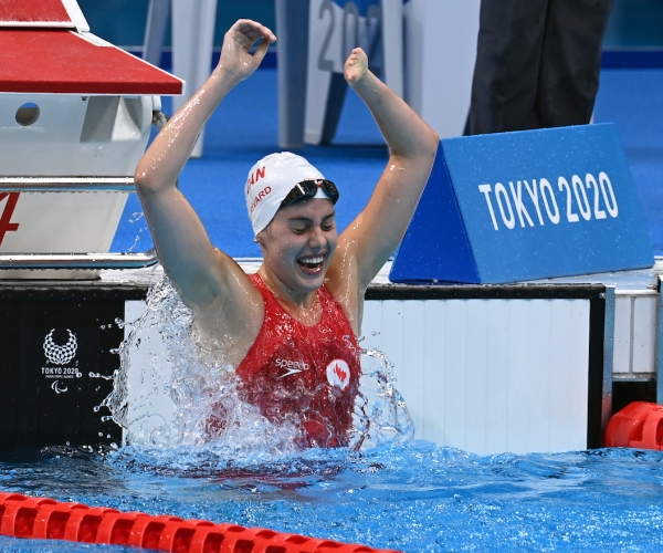 Aurélie Rivard celebrates after breaking another world record to win gold in the 100m freestyle S10 – Canada’s first gold of Tokyo 2020.