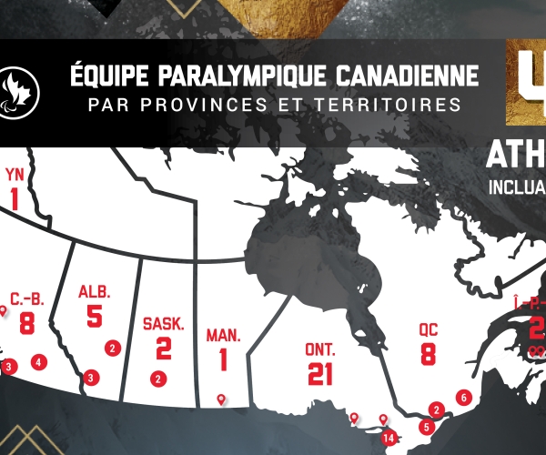 Une carte avec les provinces et territoires représentés dans l’équipe paralympique canadienne de Beijing 2022: Ontario (21 athlètes), Québec (8), Colombie-Britannique (8), Alberta (5), Saskatchewan (2), Île-du-Prince-Édouard (2), Manitoba (1), Terre-Neuve et Labrador (1) et Yukon (1). 