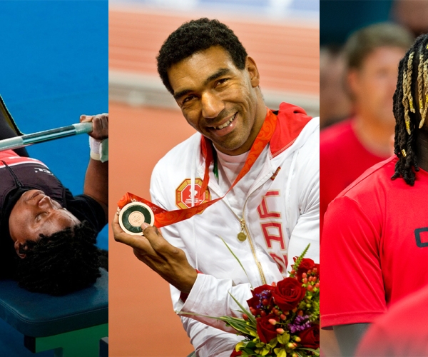 Image of three Black Canadian Paralympians - On the left Powerlifter Sally Thomas, in the middle Para athletics gold medallist Dean Bergeron and on the right is Wheelchair Basketball player Blaise Mutware.