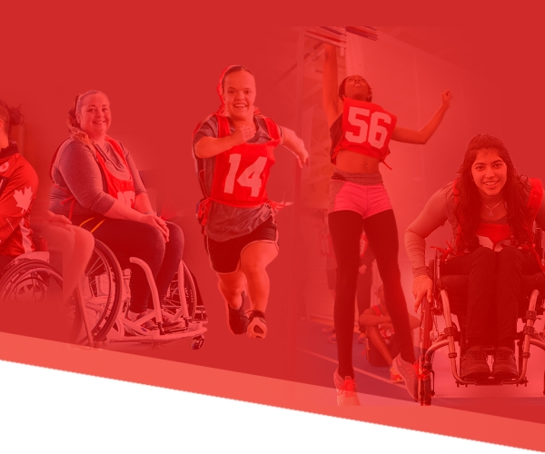 A graphic comprised of female athletes from past Paralympian Search events on a red background