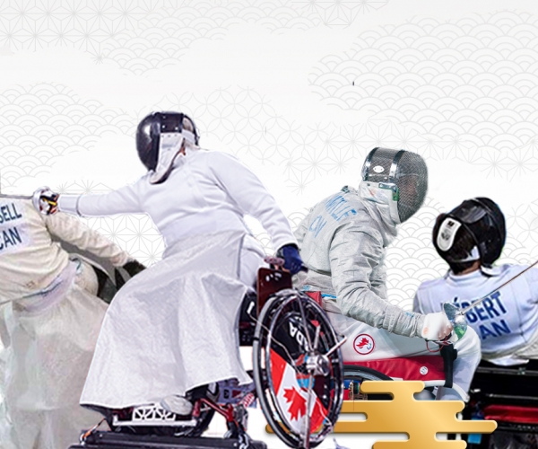 A combined photo of Canada's Tokyo wheelchair fencing team: Ryan Rousell, Ruth Sylvie Morel, Pierre Mainville, and Matthieu Hebert