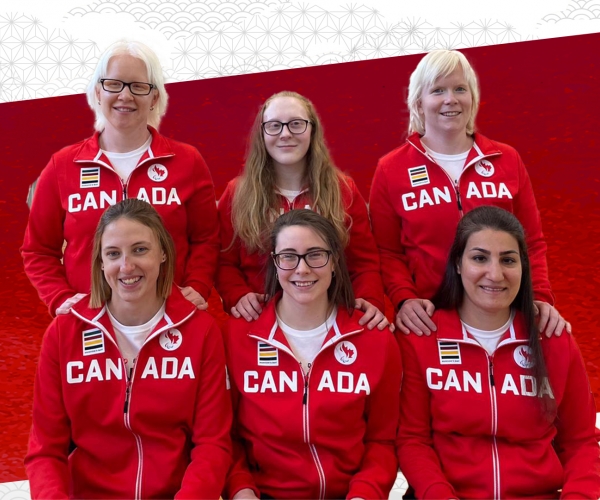 Team photo of the Tokyo 2020 Canadian Paralympic goalball team: Amy Burk, Brieann Baldock, Whitney Bogart, Meghan Mahon, Emma Reinke, and Maryam Salehizadeh