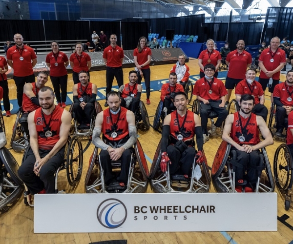 Canada's wheelchair rugby team photo with their silver medals at the 2022 Canada Cup