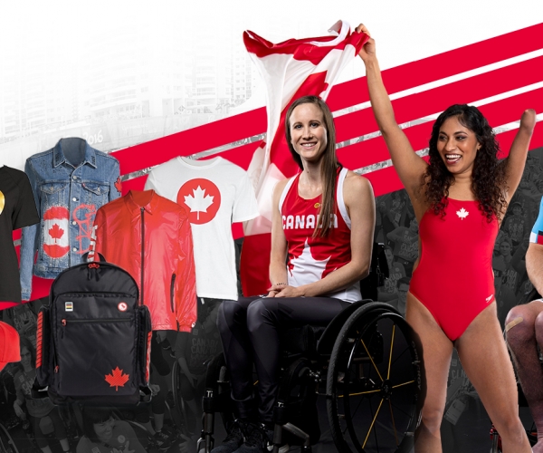 An image of Andrea Nelson, Katarina Roxon, and Charles Moreau surrounded by items from the official Tokyo 2020 clothing collection