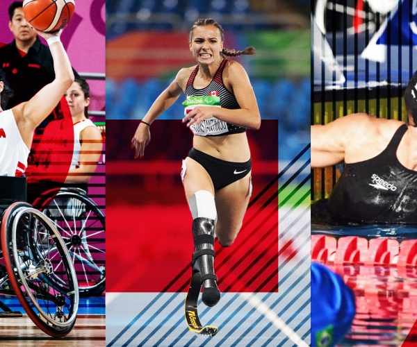 Images of Tara Llanes (wheelchair basketball), Marissa Papaconstantinou (Para athletics), and Tammy Cunnington (Para swimming) in action in their respective sports 