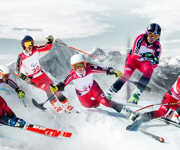 A compilation of action images of Para alpine skiers Mac Marcoux, Alexis Guimond, Frederique Turgeon, Alana Ramsay, and Mollie Jepsen. 