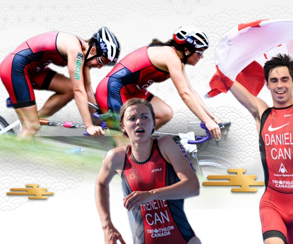 An image of the Tokyo 2020 Para triathlon team: Jessica Tuomela and guide Marianne Hogan, Kamylle Frenette, and Stefan Daniel. 