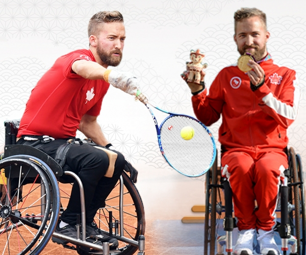 Two photos of Rob Shaw from the Lima 2019 Parapan Am Games - one action shot and one with his gold medal
