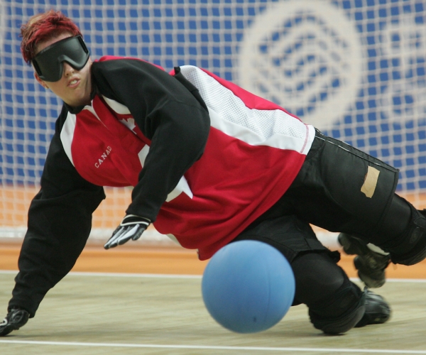 Amy Alsop blocking a ball in goalball at the Beijing 2008 Paralympic Games