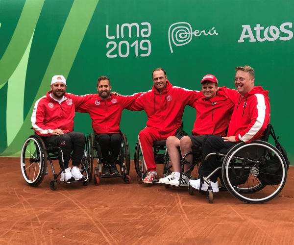 Coach Kai Schrameyer (centre) flanked by the Lima 2019 Canadian wheelchair tennis team: left to right, Mitch McIntyre, Rob Shaw, Thomas Venos, and Jonathan Tremblay