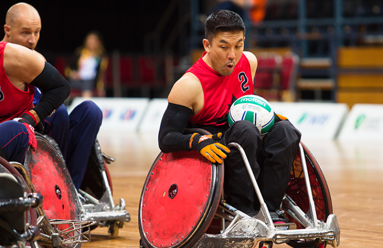Travis Murao competes for Canada at the 2018 wheelchair rugby world championships