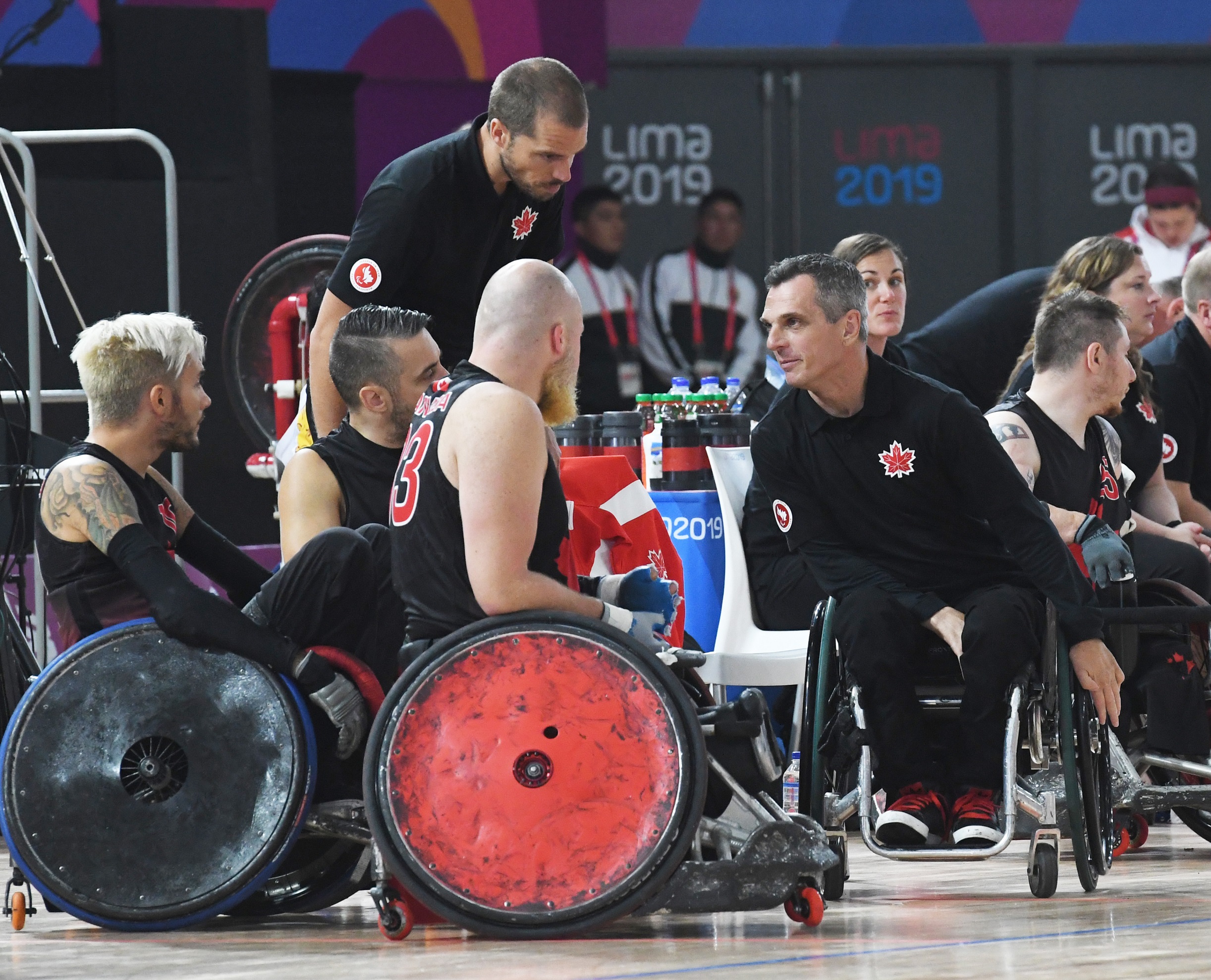 Assistant coach David Willsie dishes out instructions to the wheelchair rugby team at the Lima 2019 Parapan Am Games