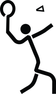 Pictogramme en noir et blanc représentant le para-badminton. Une figure stylisée est montrée en action, tenant une raquette d'une main et prête à frapper un volant. La posture dynamique évoque le mouvement et la compétition du sport.